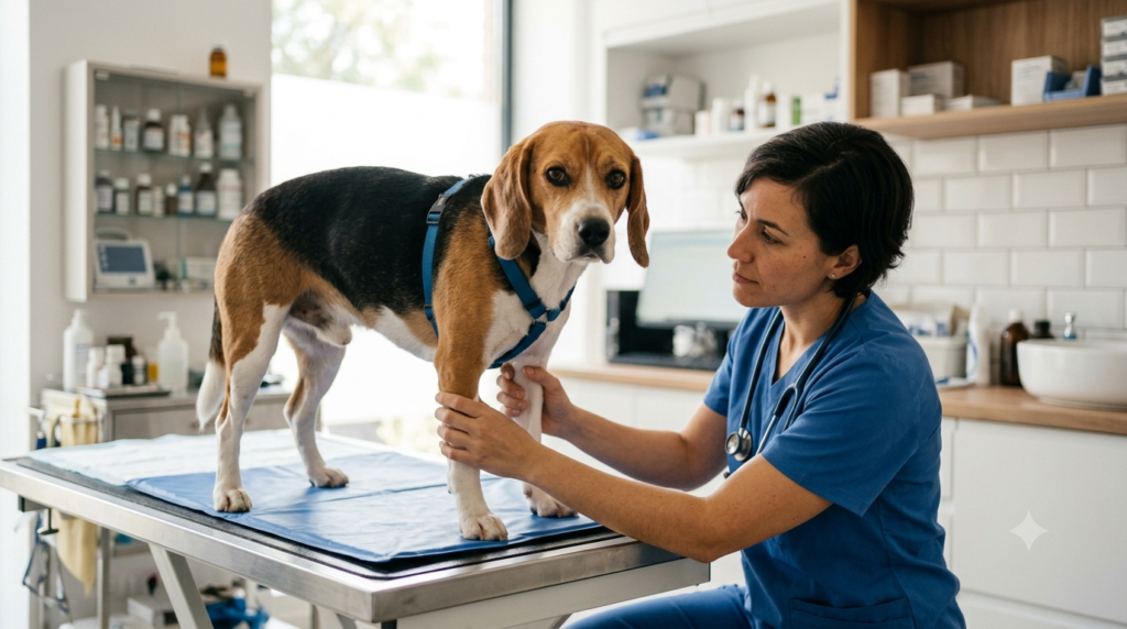 Veterinario examinando a un perro con signos de dolor durante una consulta clínica.