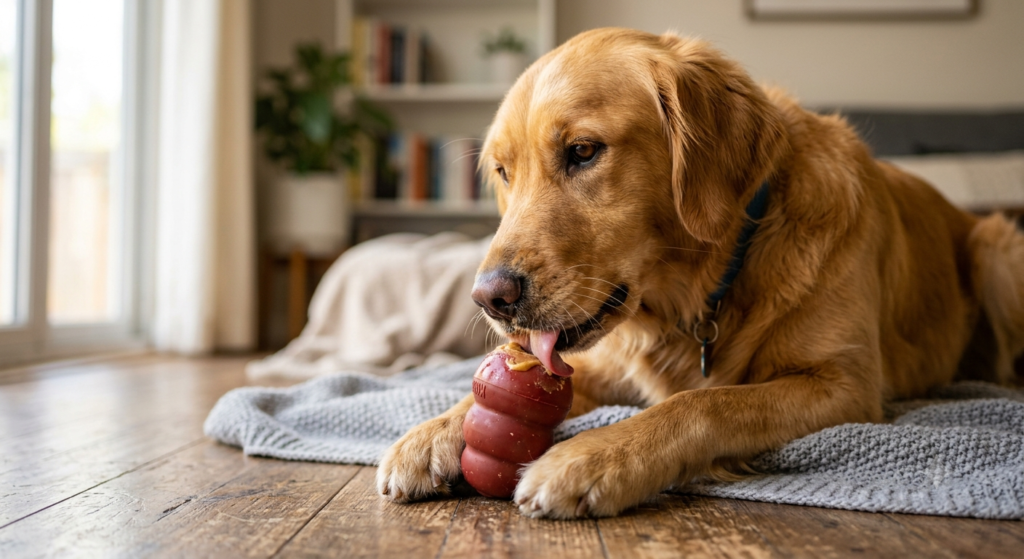 Perro lamiendo una pequeña cantidad de mantequilla de maní de un juguete interactivo.