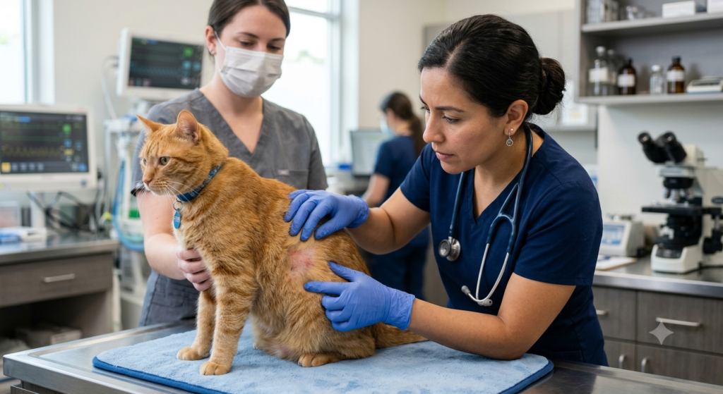 Veterinario examinando la piel de un gato con signos de irritación cutánea durante una consulta.