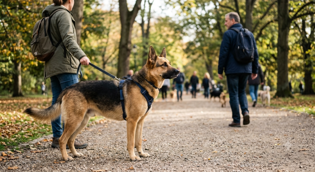 Perro observando atentamente a una persona desconocida durante un paseo.