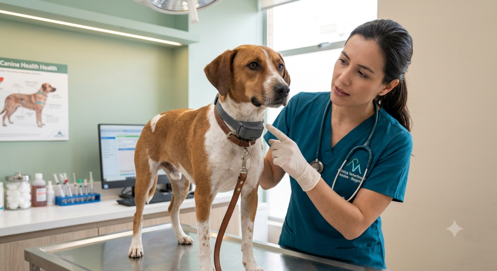 Perro con un collar antíladridos mientras un veterinario observa el dispositivo.