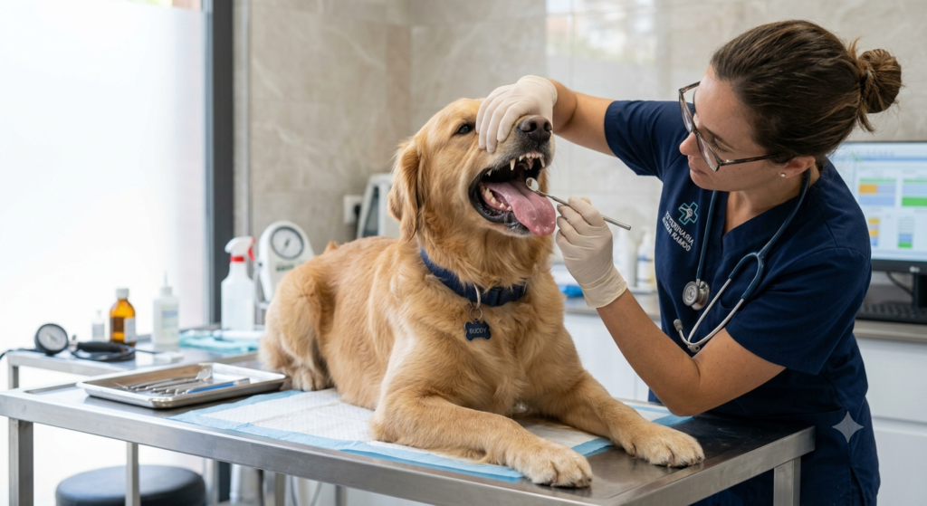 Perro mostrando la boca abierta mientras un veterinario revisa su salud oral.