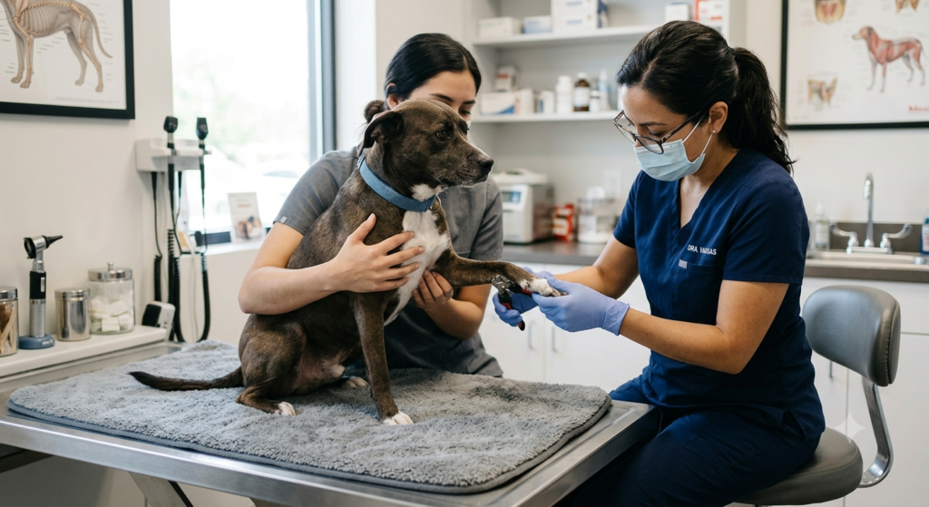 Veterinario realizando un corte seguro de uñas a un perro utilizando un cortaúñas veterinario.