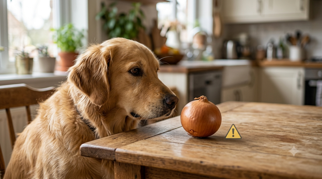 Un perro mirando con curiosidad una cebolla sobre una mesa