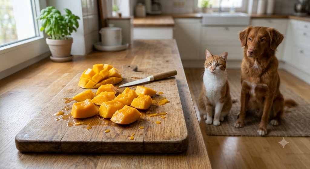 Trozos de mango fresco junto a un perro y un gato observando la fruta.