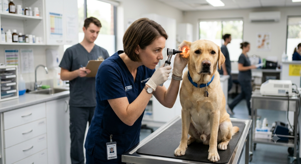 Veterinario examinando el oído de un perro con un otoscopio durante una revisión.