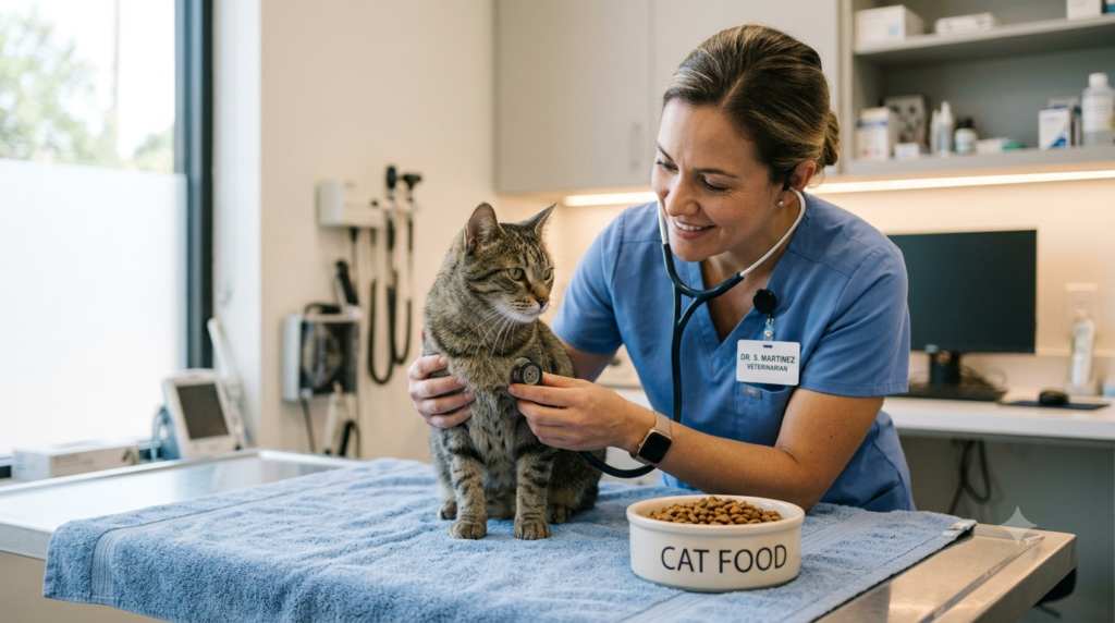 Gato con pérdida de apetito siendo examinado por un médico veterinario durante una consulta clínica.