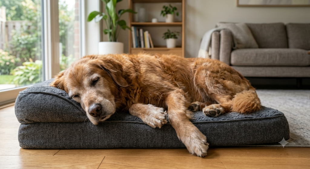 Perro senior descansando sobre una cama ortopédica de espuma viscoelástica