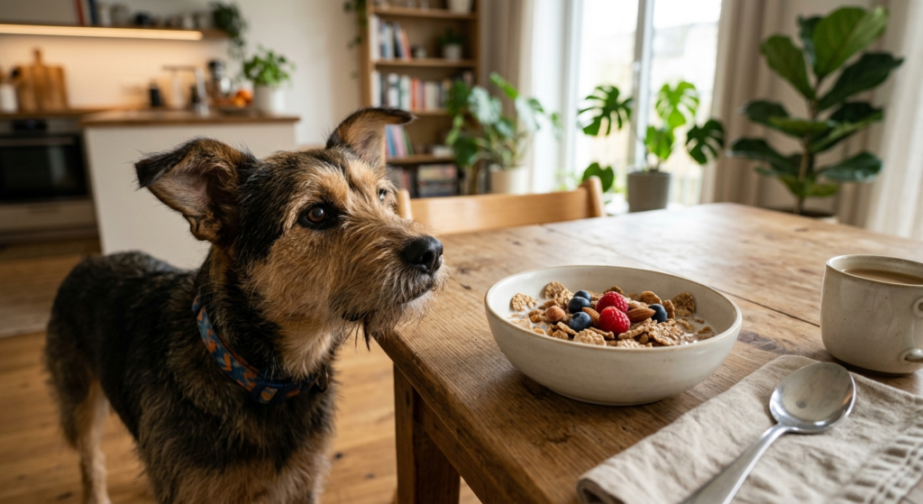 Perro observando un tazón de cereal de desayuno sobre una mesa