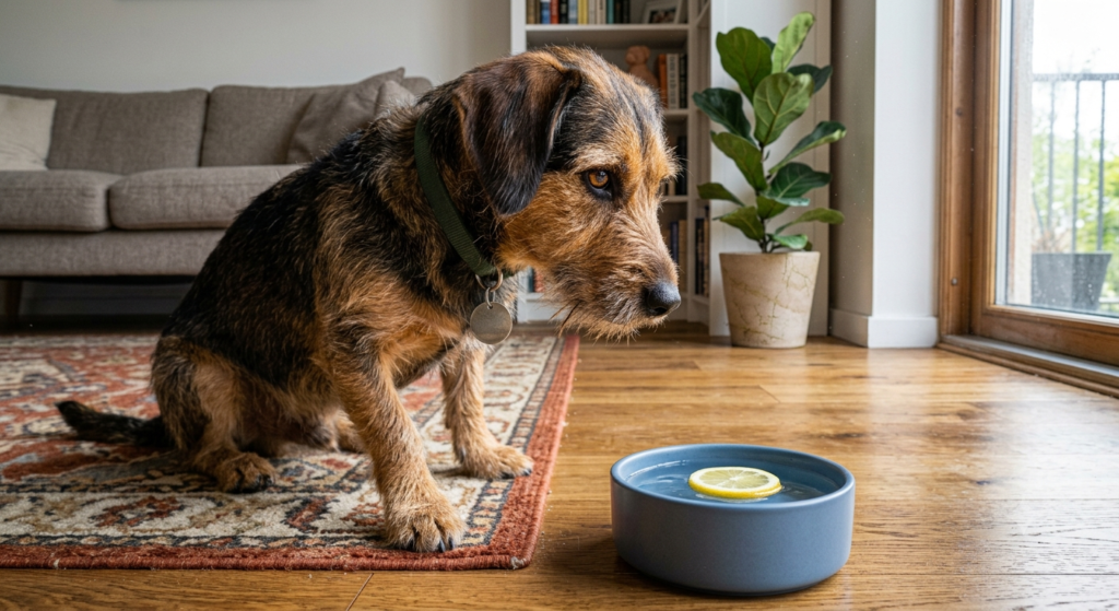 Perro olfateando un recipiente con agua y una rodaja de limón.