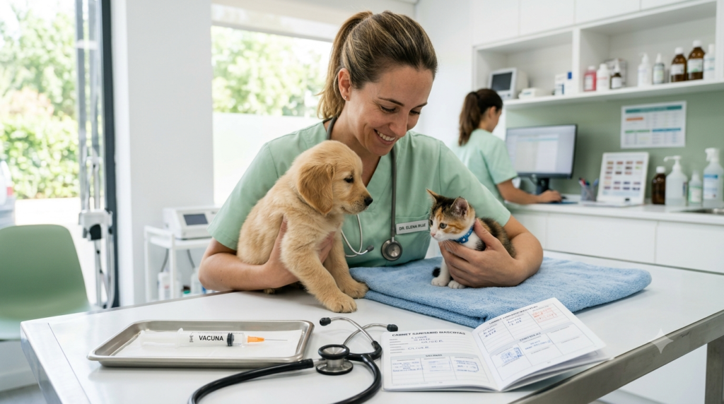 Veterinario aplicando vacunas básicas a un perro y un gato durante una consulta preventiva.