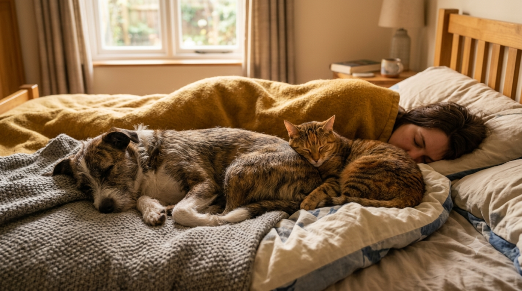 perro y gato duerme junto a su tutor