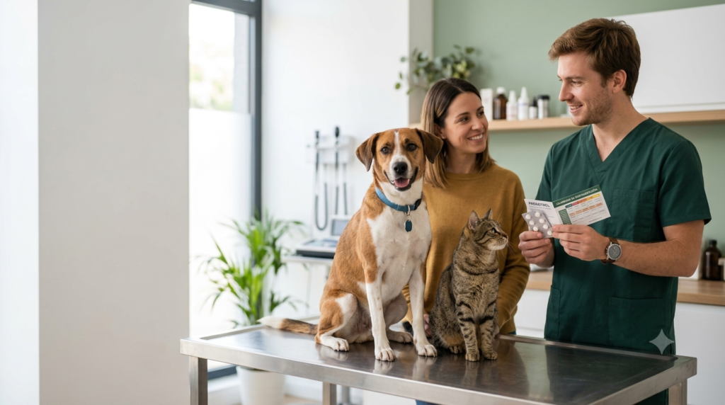 eterinario explicando la desparasitación en perros y gatos durante un chequeo preventivo.
