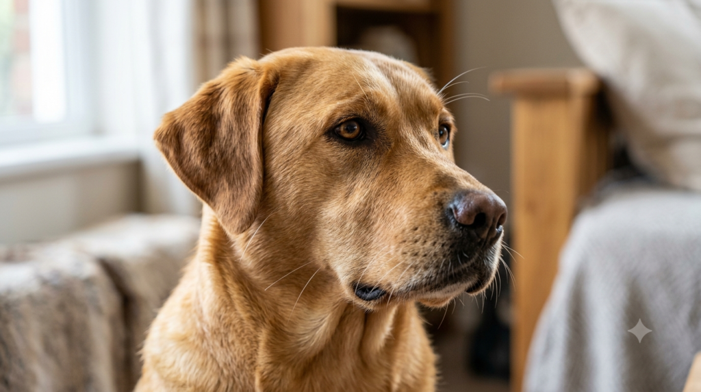 Un perro observando atentamente mientras destacan claramente sus bigotes